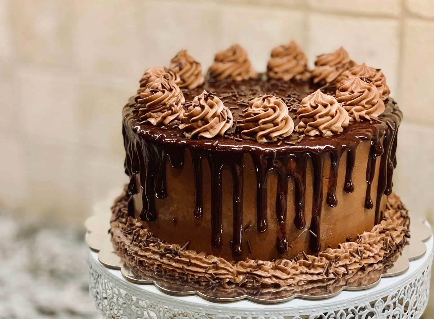 A chocolate drip cake
