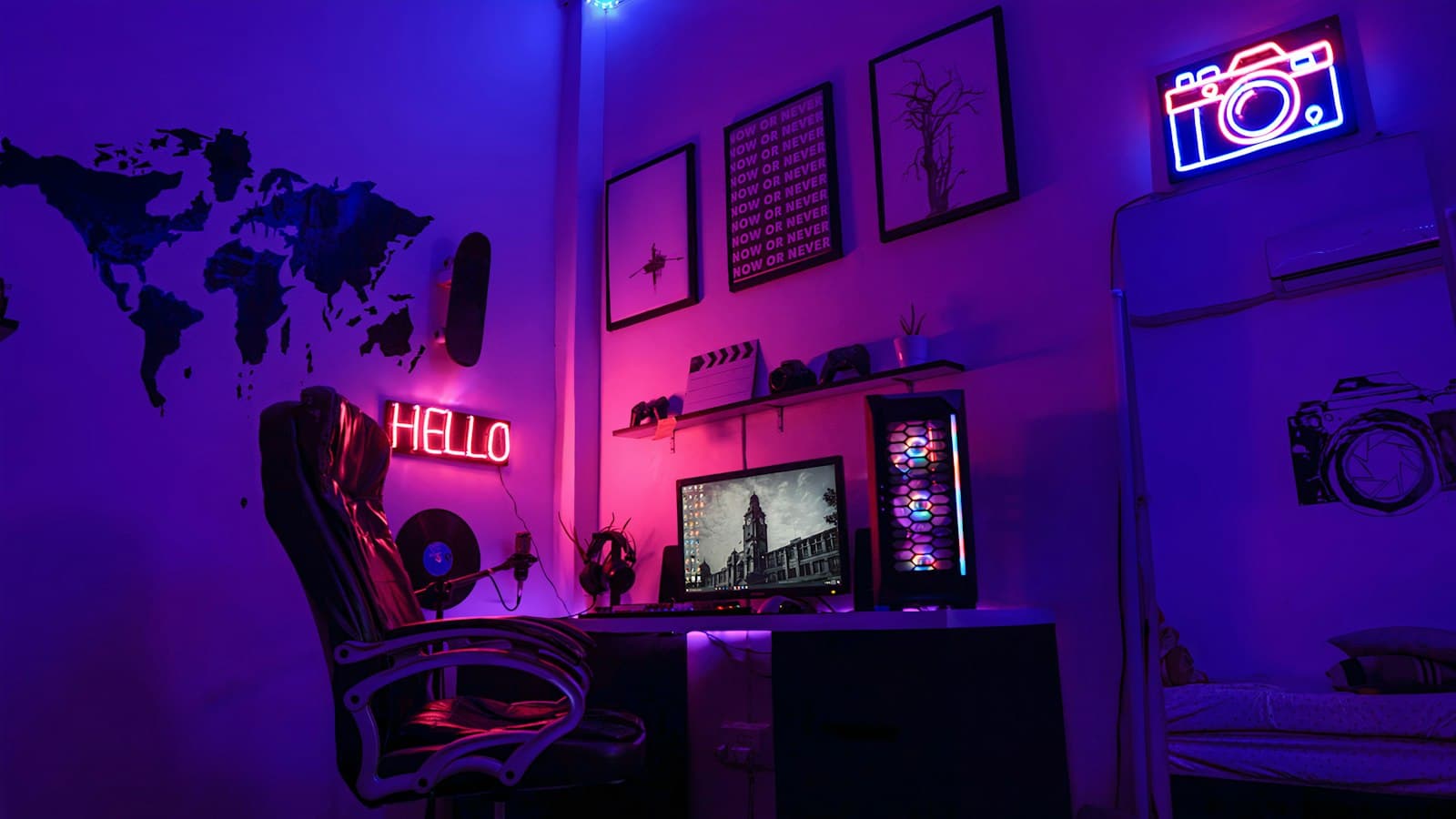 A gaming room in purple light