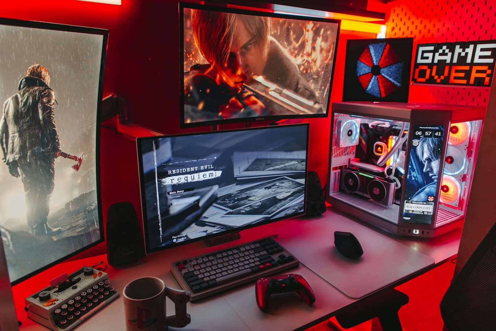 A gaming setup with several screens